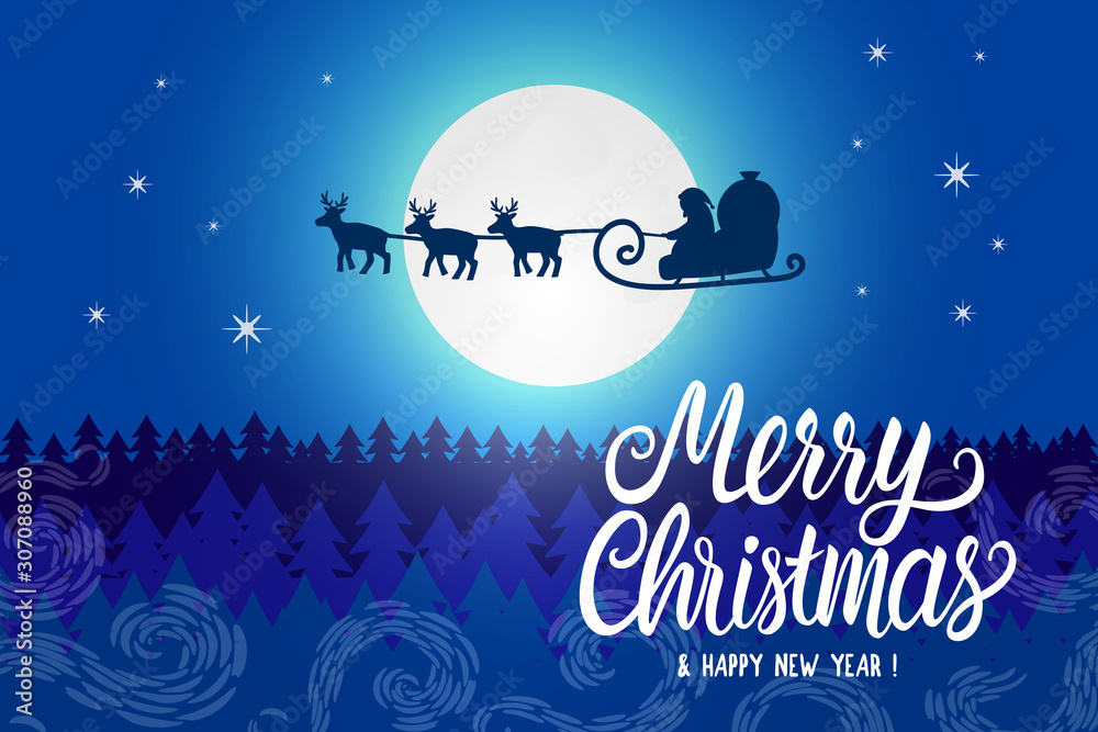 Santa Claus silhouette seen in the moonlight on flying sleigh with deers. Night northern winter forest. Santa delivers Christmas presents. Vector illustration card Santa Claus silhouette seen in the moonlight on flying sleigh with deers. Night northern winter forest. Santa delivers Christmas presents. Vector illustration card
