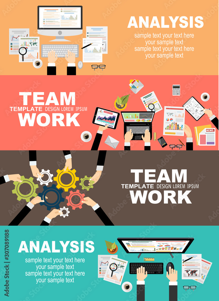 Fototapeta premium Set of flat design illustration concepts for business, finance, team work, consulting, management, anaysis, career, employment agency, staff training,money, technology,startup,creative.