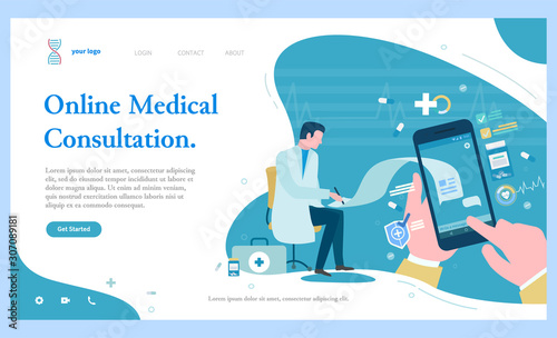 Online medical consultation vector, patient using cell phone chatting with doctor. Doc helping sick person with help of internet and gadgets. Website or webpage template, landing page flat style