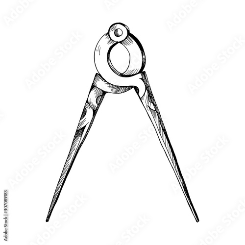 Ancient compass measuring instrument. Hand drawn sketch. Element of decorating an old geographical map.