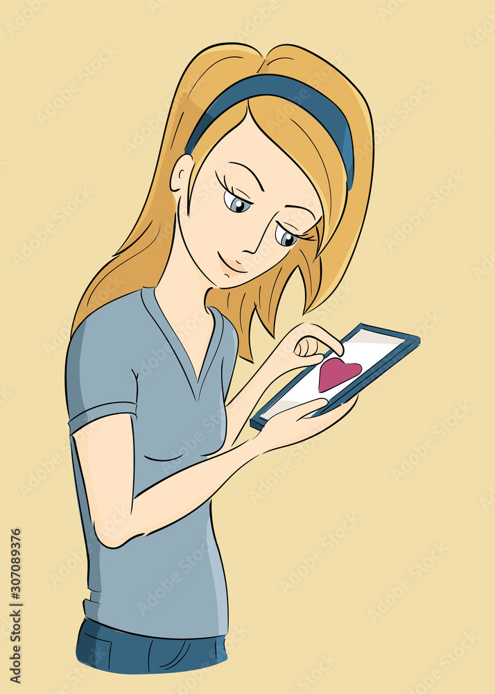 young woman looking at a mobile device. with a heart - online dating, love concept