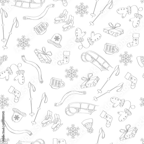 Seamless pattern with winter objects on a white background. Vector illustration with skates, circles and mittens for decoration of wrapping paper, tiles and wallpaper on the wall.