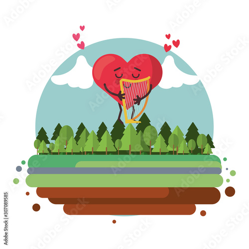 heart cupid angel with wings and harp