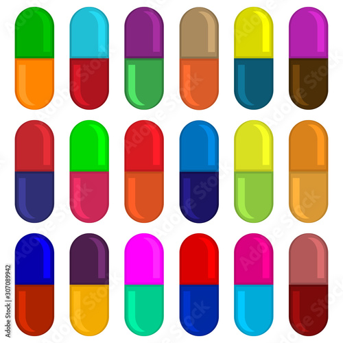 Set, collection bright colorful capsules, pills with two halves. Icons for vitamins. Medical and pharmacy. Vertical shape. Vector isolated drawings on white background. 