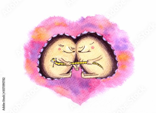 Two hedgehogs sitting near in the heart and holding the snake