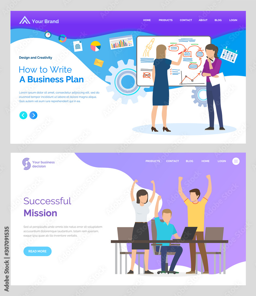 How to write business plan, successful mission, people with rising hands. Man and woman communication with laptop and desk, cooperation vector. App slider, webpage or website template in flat style How to write business plan, successful mission, people with rising hands. Man and woman communication with laptop and desk, cooperation vector. App slider, webpage or website template in flat style