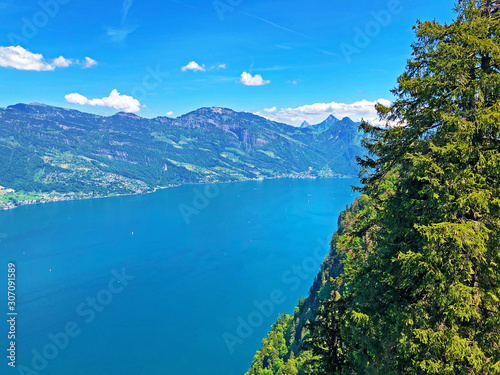 View of the Lake Luzerne or Vierwaldstättersee (Vierwaldstaettersee oder Vierwaldsattersee) from the Bürgenberg mountain, Obbürgen (Obburgen or Obbuergen) - Canton of Nidwalden, Switzerland photo
