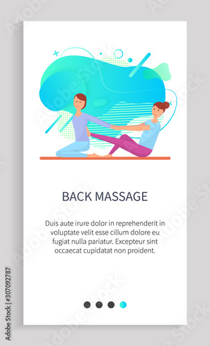 Foot massage vector, masseuse using feet to rub back of client. Person helping customer to deal with pain relief, ache of female on floor. Website or app slider template, landing page flat style