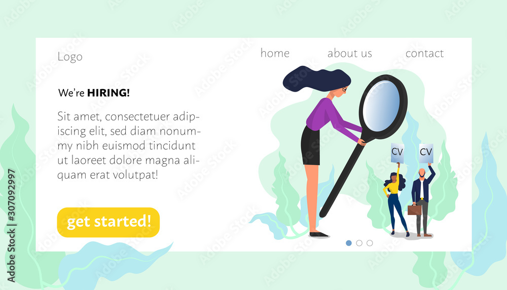 Woman holding big magnifying glass looking at job candidates. Landing web page template. Isolated on white background. Flat style stock vector illustration. Woman holding big magnifying glass looking at job candidates. Landing web page template. Isolated on white background. Flat style stock vector illustration.