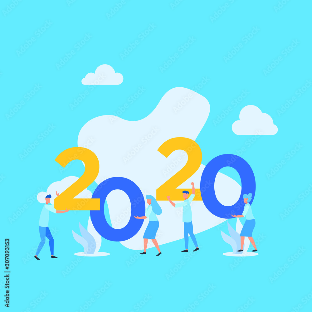 Flat illustration happy new year 2020 with mini people Flat illustration happy new year 2020 with mini people