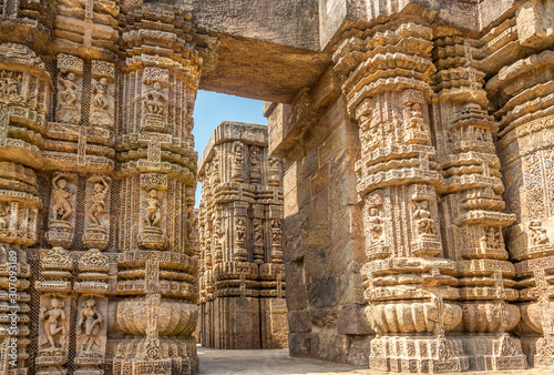 View at the Decorative stone relief in Konark Sun Temple complex - Odisha,India photo
