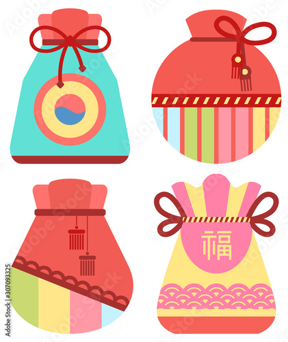 Traditional chinese fortune bag vector, isolated fabric cloth with thread stuffed with symbols of prosperity. Chinese lucky bag. Holiday in China and celebration special occasions, oriental traditions
