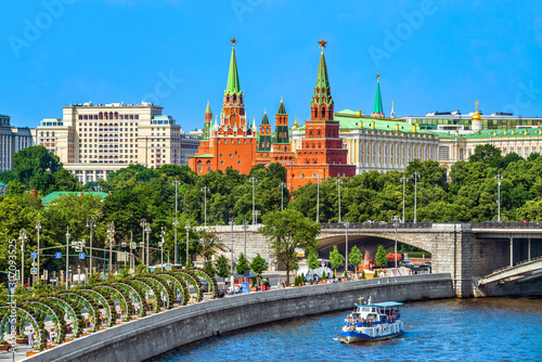 Kremlin across Moskva river, classic postcard view, Moscow, Russia