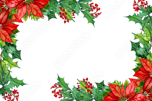 winter elements of a bird, pine, spruce, poddub, mistletoe, poinsettia wreath composition