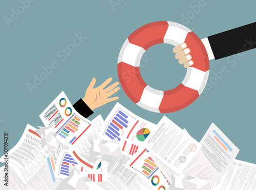 Helping Business to survive. Drowning businessman getting lifebuoy from another businessman. Business help, support, survival, investment concept. Vector colorful illustration in flat style