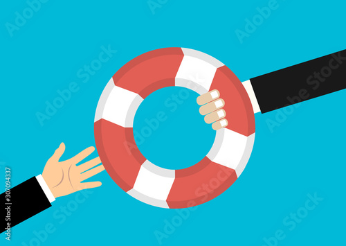 Helping Business to survive. Drowning businessman getting lifebuoy from another businessman. Business help, support, survival, investment concept. Vector colorful illustration in flat style
