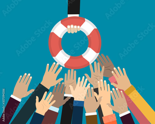 Helping Business to survive. Drowning businessman getting lifebuoy from another businessman. Business help, support, survival, investment concept. Vector colorful illustration in flat style