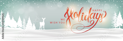Happy Holidays Winter Landscape Background. Christmas lettering banner. XMas Greeting Card