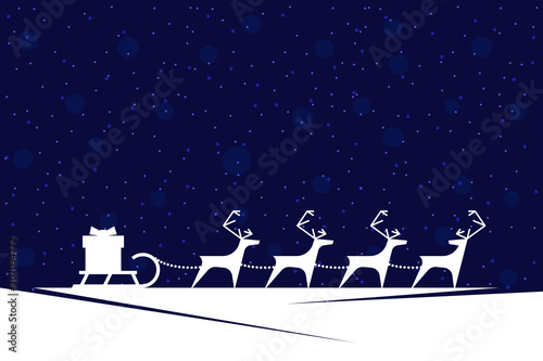 Santa Claus reindeer harness with gift box on sleigh inversion on blue background. Merry Christmas and Happy New Year greeting card. Xmas deer and sled silhouette vector Illustration
