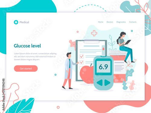 Glucose level control. Medicine diabetes concept. Web page design template. Flat vector illustration.