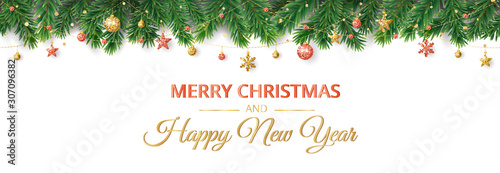 Vector Christmas decoration. Christmas tree border, frame with golden ornaments.