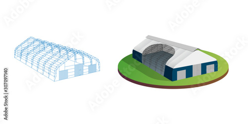 Awning tarpaulin tent temporary warehouse exhibition tunnel hall aircraft hangar. Barn construction building wireframe. Clear cut frame. Vector isometric 3d illustration
