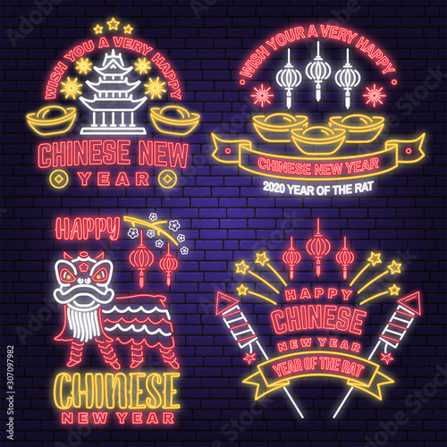 Set of happy Chinese New Year neon greetings card, flyers, poster. Vector. Chinese New Year neon sign with sakura, lantern, china lion for new year emblem, bright signboard photo