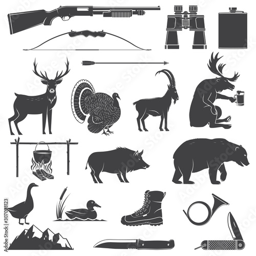 Set of Hunting equipment and animal icon silhouette. Vector. Set include deer, bear, boar, goat, turkey, duck, goose, hunter weapons, knife, mountains isolated on white.
