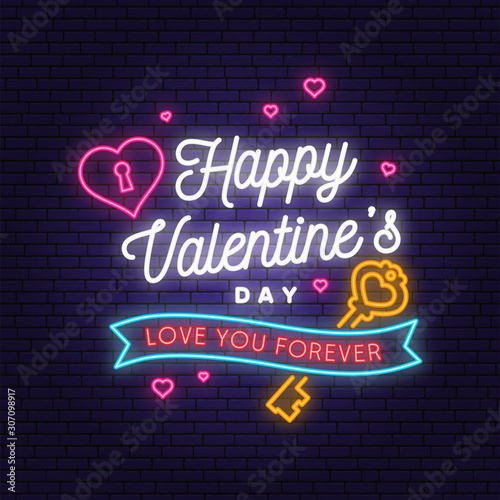 Happy Valentines Day neon greetings card, flyers, poster. Stamp, badge, sticker, card with key and heart with keyhole. Vector. Valentines Day neon bright signboard, light banner