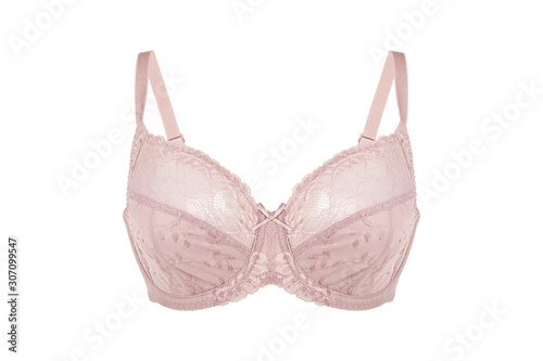 Beautiful pink bra. Lace bra, isolated on white background