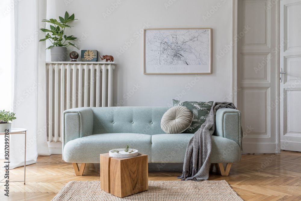 Stylish scandinavian living room interior with design mint sofa, furnitures, mock up poster map, plants, and elegant personal accessories. Home decor. Interior design. Template. Ready to use.  - obrazy, fototapety, plakaty 