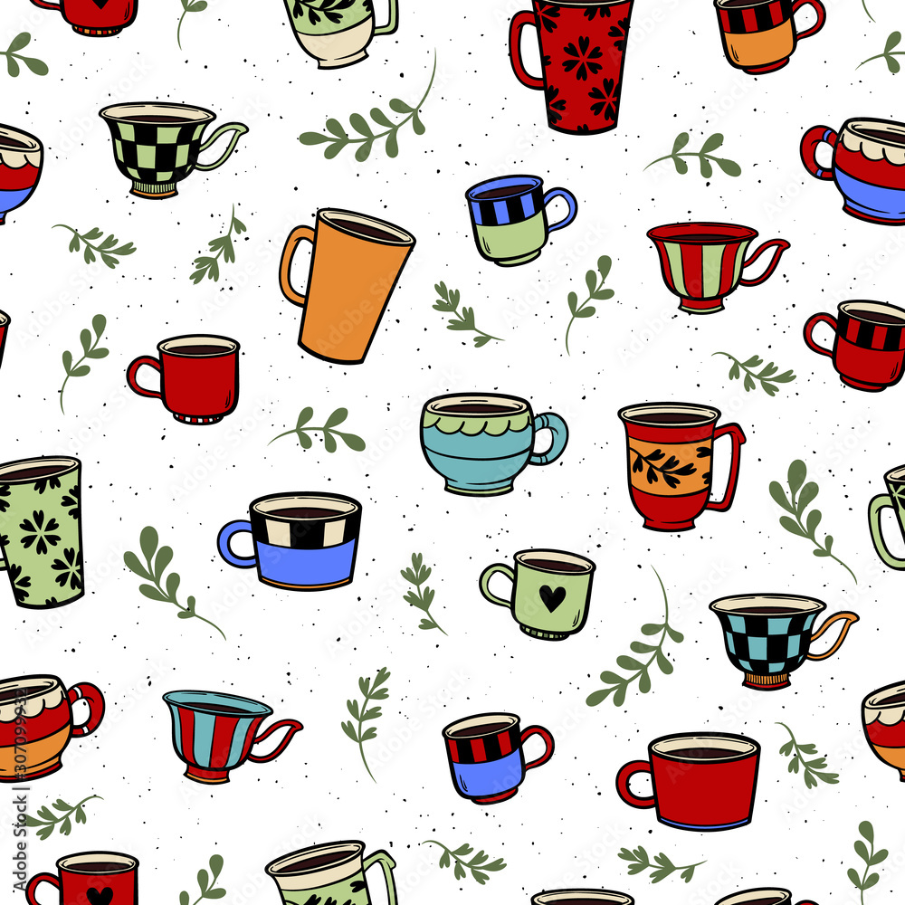 Cute mugs seamless colorful pattern on white background. Hand drawn cups stock vector illustration. Doodle vector mugs pattern. Cute mugs seamless colorful pattern on white background. Hand drawn cups stock vector illustration. Doodle vector mugs pattern.