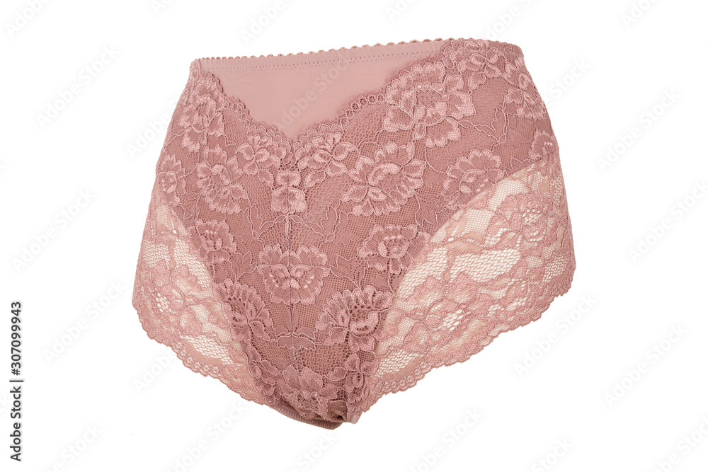 Beautiful female lacy pink panties isolated on white background. Sexy underwear Beautiful female lacy pink panties isolated on white background. Sexy underwear