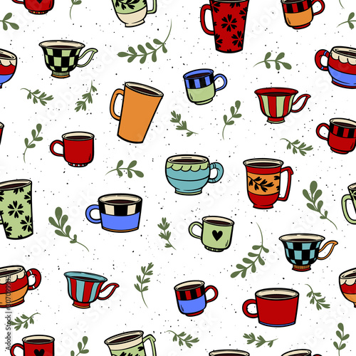 Cute mugs seamless colorful pattern on white background. Hand drawn cups stock vector illustration. Doodle vector mugs pattern.