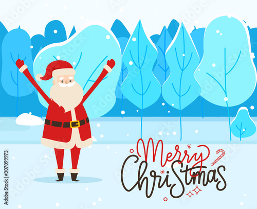 Merry christmas greeting postcard. Santa claus standing on ground in snowy forest. Christmas time in december, traditional winter holiday. Vector illustration of greet of character in red clothes