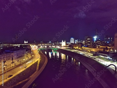 Gediminas' tower and Vilnius downtown at night. Drone footage.