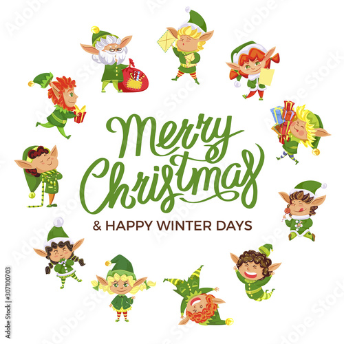Merry Christmas and Happy winter days postcard decorated by funny elves in round shape. Winter holiday postcard decorated by fairy hero in hat with present. Xmas card with festive wishes vector