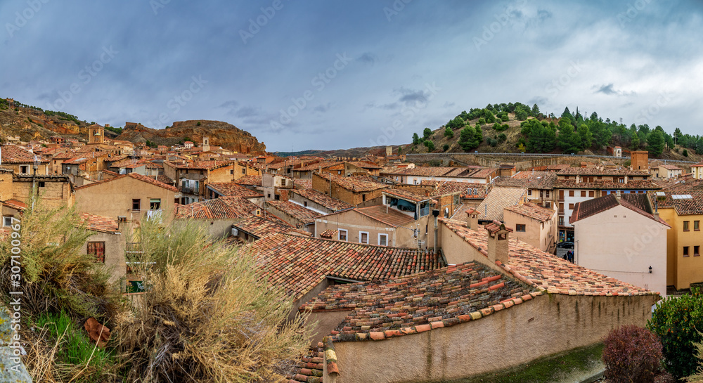 Tower, church and tile roofs in the antique city of Daroca