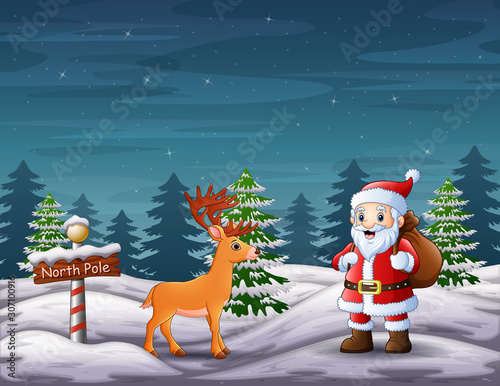 Cartoon santa claus and deer in north pole