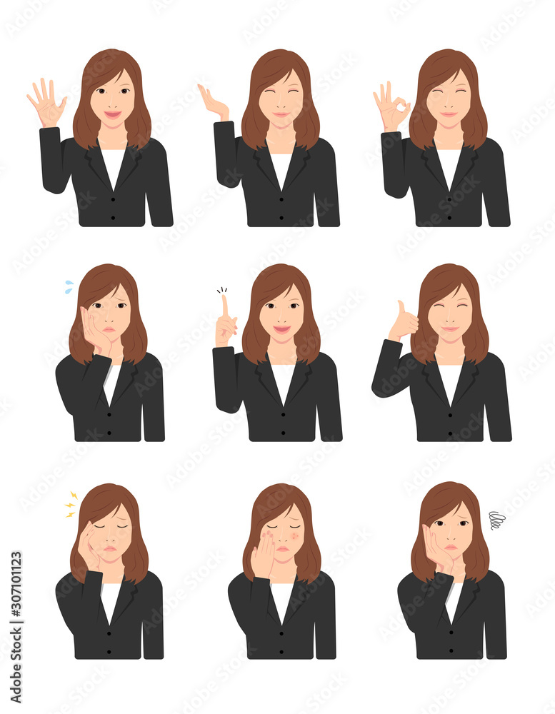 Young asian business woman (upper body / waist up ) vector illustration set / hand gesture and face pattern variations. Young asian business woman (upper body / waist up ) vector illustration set / hand gesture and face pattern variations.