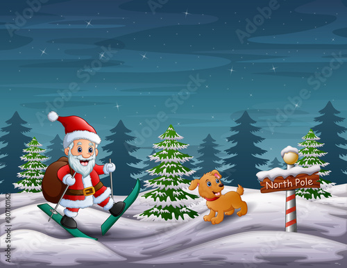Santa claus skiing with a dog in north pole