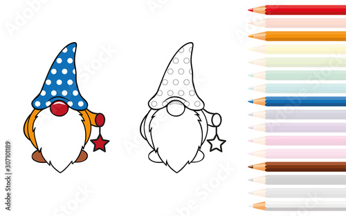 cute dwarf for coloring book with pencils vector illustration EPS10