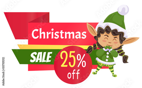 Christmas sale in shops, designed caption on label. Best offer, up to 25 percent off price. Elf girl in green costume advertising clearance for people. Vector illustration of promotion in flat style