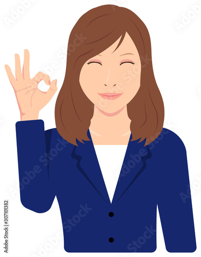 Young asian business woman vector illustration (upper body, waist up) / ok sign with smiling