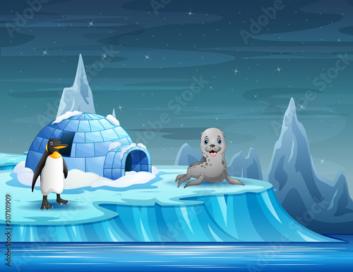 Cartoon animals with igloo ice house