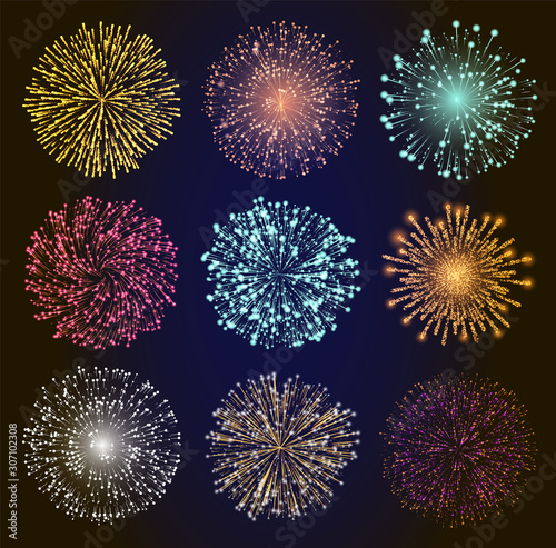 Collection of bright fireworks. Set of pyrotechnics for celebration of holidays and parties. Decor for cards designs and web. Festivals and carnivals effects at night sky. Vector in flat style