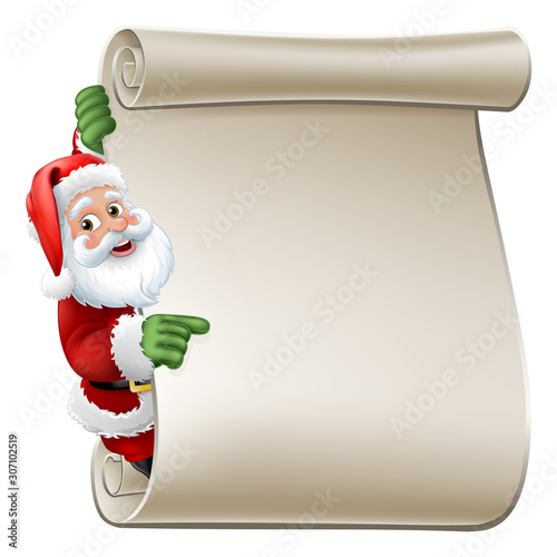 Santa Claus Christmas cartoon character peeking around a scroll sign and pointing at it