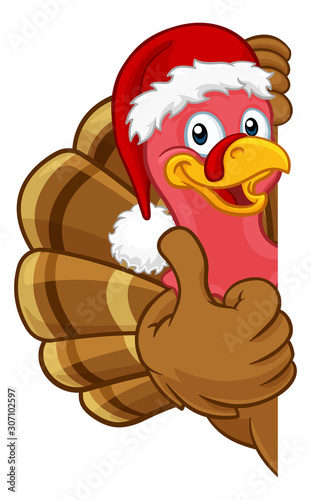 Turkey Christmas or Thanksgiving Holiday cartoon character wearing a Santa Claus hat, peeking around a sign and giving thumbs up