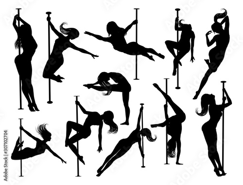 A set of women pole dancers exercising for fitness in silhouette