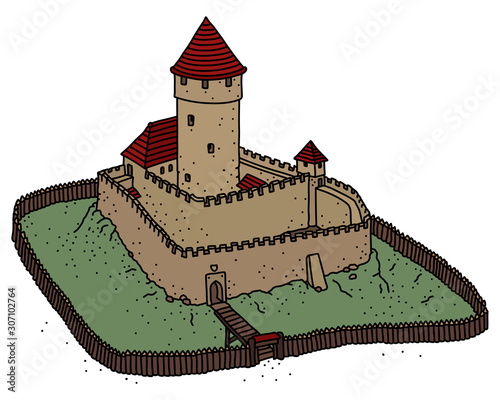 The vectorized hand drawing of an old gothic stone castle